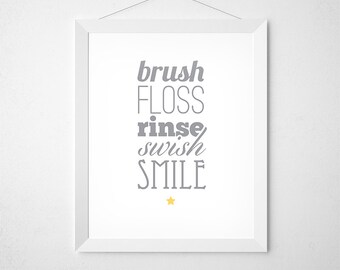 Kids Bathroom Art, Brush Floss, Kids Bathroom Wall Art, Restroom Decor, Gray Bathroom, Kids Bathroom Decor, Brush Your Teeth, Bathroom Signs