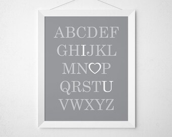 Alphabet Poster, ABC I Love You, Neutral Nursery Decor, Gray Nursery, Print Myself, Nursery Sign, Neutral ABC Print, Gray Baby Room