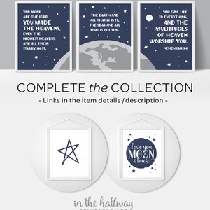 May include: A set of printable wall art featuring celestial-themed designs with navy blue and white text on a white background. The text includes quotes from the Bible about God's creation. The set includes a star, a moon, and a planet.