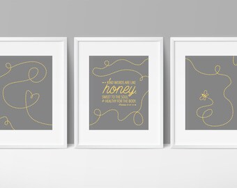 Nursery Bible Verse Art, Proverbs 16, Gray Yellow Nursery, Kind Words Are Like Honey, Bee Theme Nursery, Honey Verse, Baby Room Scripture