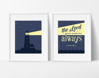Bible Verse Art, Lighthouse Wall Art, Nautical Printable, Scripture Print, Nautical Decor, Lighthouse Verse, The Lord Will Guide You Always