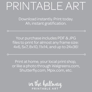 Puede incluir: Descarga de arte imprimible con el texto "Printable Art" y "in the hallway Printable Art". El texto describe las opciones de descarga instant&aacute;nea e impresi&oacute;n para varios tama&ntilde;os de marcos, incluidos 4x6, 5x7, 8x10, 11x14 y hasta 24x36 pulgadas.