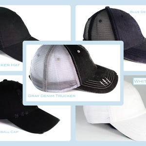 May include: A collage of trucker hats and a baseball cap in various colors. The hats include black, blue denim, gray denim, and white. Each hat features a mesh back and a curved brim. The text "Black Trucker Hat", "Blue Denim Trucker", "Gray Denim Trucker", "Black Baseball Cap", and "White Trucker" are displayed.