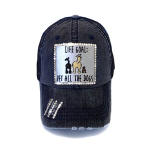 May include: A dark blue denim trucker hat with a silver patch that reads "Life Goal: Pet All The Dogs". The patch features a cartoon image of three dogs. The hat has a mesh back and a distressed look.