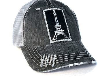 Womens Eiffel Tower Baseball Hat  Rhinestone Bling - High Ponytail Option