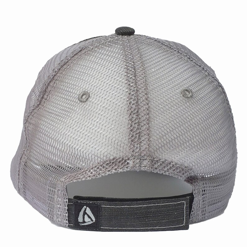 May include: Gray mesh trucker hat with a black adjustable strap and a small logo on the back.