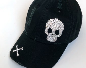 Human Skull Hat for Women - Crystal Skull Black Baseball Cap