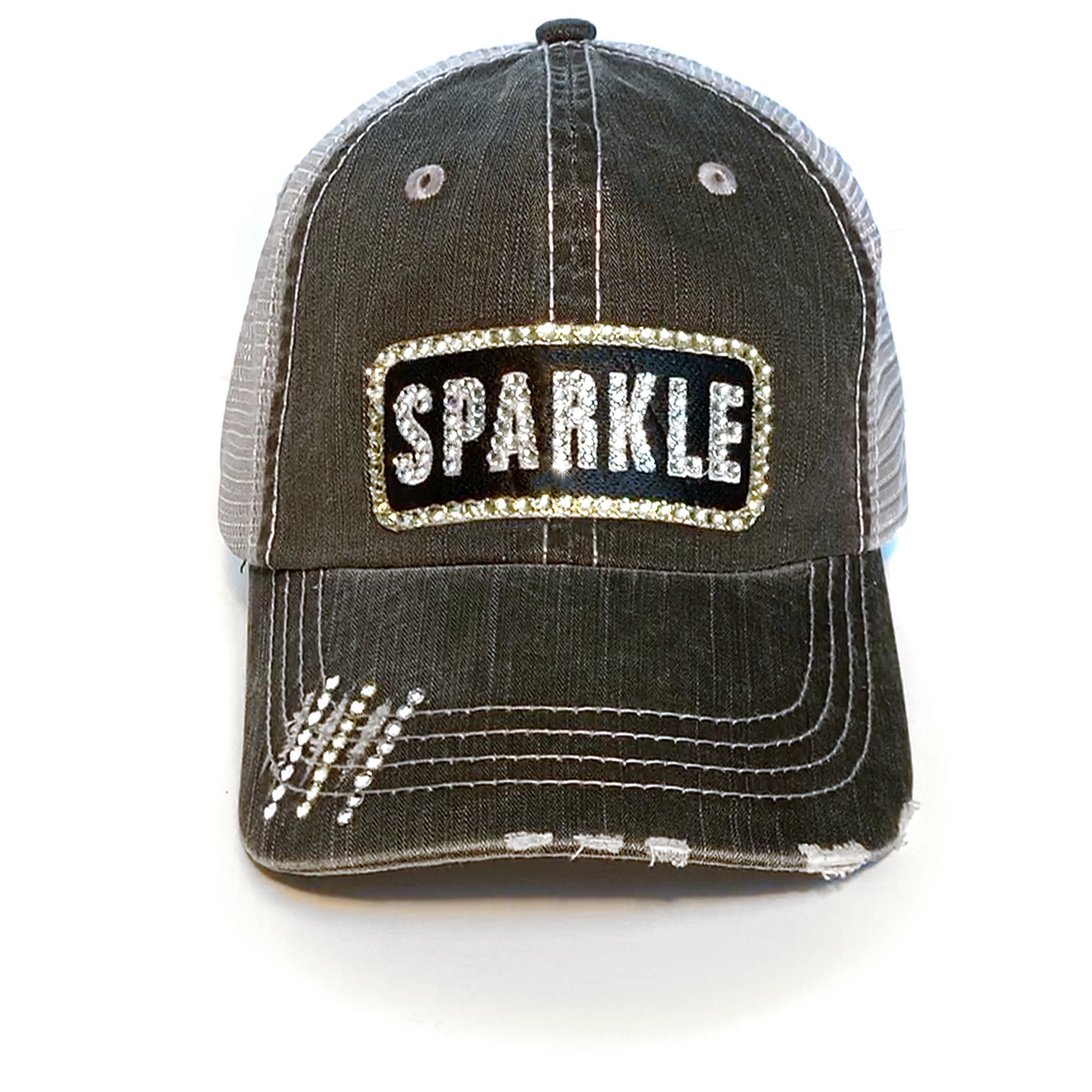 Womens New York City Hat Bedazzled Crystal Patch Black Distress Denim Trucker Cap Womens New York City Hat Bedazzled Crystal Patch Black Distress Denim Trucker Cap