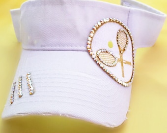 Tennis Visor - White Sun Visor - Tennis Bling - Tennis Ball - Tennis Rackets -  Crystals - Genuine  - Tennis Apparel