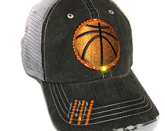 Basketball High Ponytail Hat - Basketball Trucker Hat - Rhinestone Hat for Basketball Mom