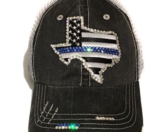 Thin Blue Line Texas Womens Baseball Hat - State of Texas Outline - Real  Crystal Rhinestones