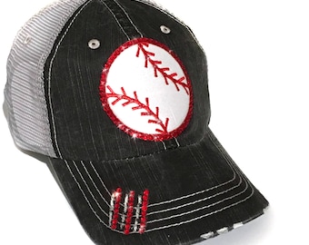 Baseball High Ponytail Hat - Real  Crystal Rhinestones - Optional Number or Initials on Bill in Crystals