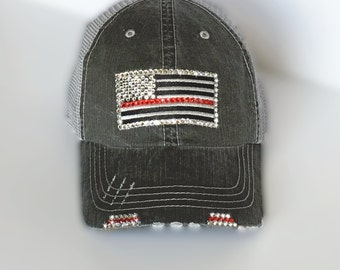 The Thin Red Line Red Line Flag Firefighter Wife Gift Distressed Trucker Cap firefighter flag fire wife gift rhinestone trucker hat elivata