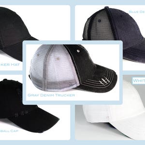 May include: Five different trucker hats with mesh back panels. The hats are black, blue denim, gray denim, white, and black baseball cap.  The hats have distressed detailing.