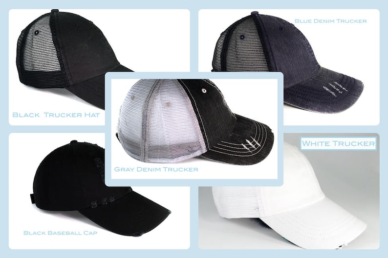 May include: Five different trucker hats with mesh back panels. The hats are black, blue denim, gray denim, white, and black baseball cap.  The hats have distressed detailing.