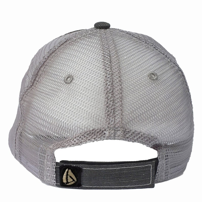 May include: Gray mesh trucker hat with a black adjustable strap and a small logo on the back.