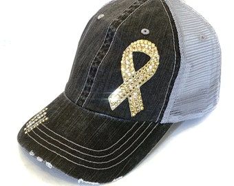 Childhood Cancer Gold Ribbon Baseball Hat for Women with Gold  Crystals