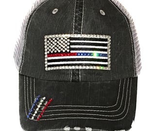 Women's Blue Line Red Line EMS Support  Flag Baseball Cap blue red line flag EMS  Womens baseball cap - Firefighter Gift, Crystals