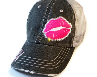 Lip Boss Baseball Cap, Distressed Trucker Hat, Women's Fitted Ball Cap, Girl Boss, Gloss Boss,  Crystal Rhinestone, Lips, Kiss
