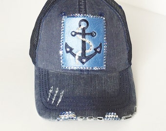 Lake Baseball Hat, Nautical Hat, Womens Lake Hat, Real , Trucker Hat, Anchor Design, Womens Nautical Gift, Blue Trucker,elivata