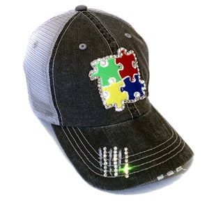 Autism Hat Autism Teacher Gift Autism Awareness Symbol Puzzle Piece Gray Denim Trucker