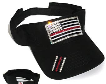 American Flag Visor July 4th Visor Memorial Day Visor Thin Red Line Flag Visor Women's Sun Visor Bling Visor Ladies Sun Visor  Elivata