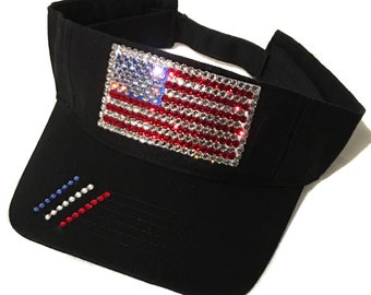 Red White and Blue Flag Visor July 4th Visor Black Visor American Flag  Crystal Bling Visor Jeweled Visor Fourth of July Sun Visor