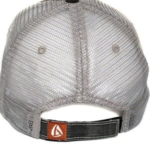May include: Gray mesh trucker hat with a black and orange logo on the back.