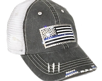 Womens Thin Blue Line Hat Bedazzled with  Crystal Rhinestones