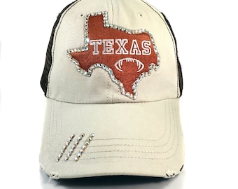Texas Football Baseball Cap - Burnt Orange Texas Hat - Bling
