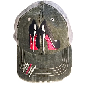 Christian Louboutin Hat Trucker Hat with Crystals Illustration only Elivata Brand Grey Denim Trucker