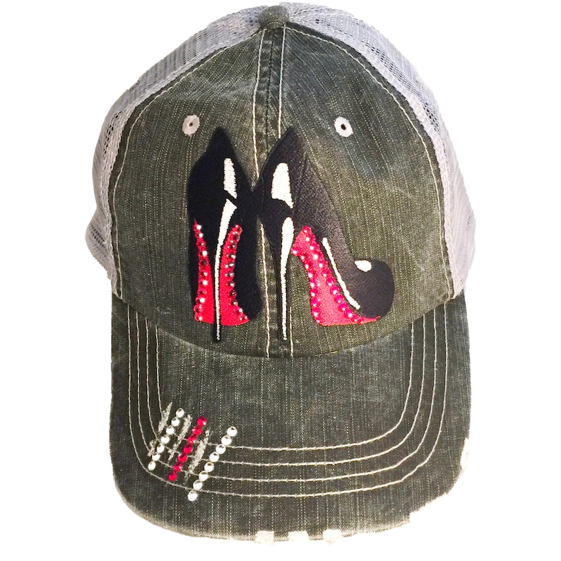 Christian Louboutin Hat Trucker Hat with Crystals Illustration only Elivata Brand Grey Denim Trucker