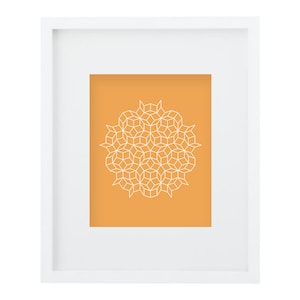 May include: A white frame with a white geometric design on a yellow background.