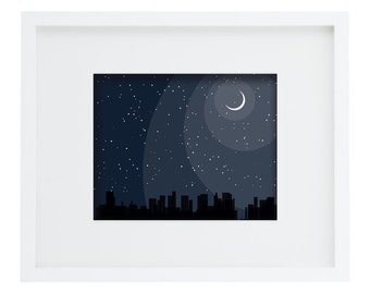 Céu da cidade à noite com estrelas e lua - impressão digital, download instantâneo de arte de parede para decoração de casa. Noite estrelada, edifícios iluminados pela lua no céu