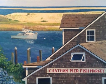 May include: An oil painting depicts a coastal scene with a white boat on blue water, a weathered building with the text "CHATHAM PIER FISH MARKET", and a sandy beach in the background. The sky is a pale blue.