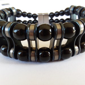 Black beaded double strand bicycle chain link bracelet, bicycle jewelry, cycling gift for men or women, bike part jewelry