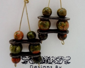 Unakite gemstone recycled bicycle chandelier earrings