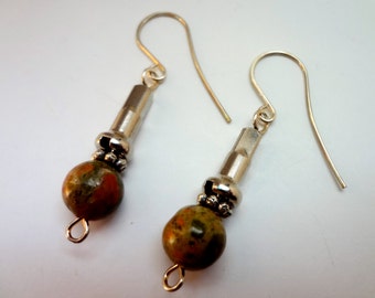 Unakite Gemstone Recycled Bicycle Spoke Nipple Single Drop Earrings/Sterling Silver Earwires