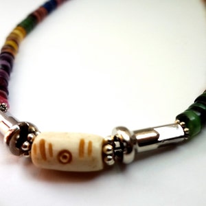 Unisex heishe shell recycled bicycle spoke nipple necklace with center bone bead-bone bead varies with each order;  lobster claw clasp