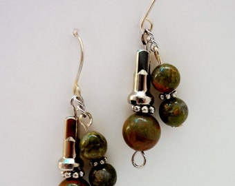 Unakite Gemstone Recycled Bicycle Spoke Nipple Double Drop Earrings/Sterling Silver Earwires