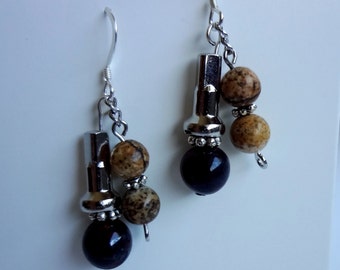 Brecciated Jasper/ Picture Jasper Gemstone Recycled Bicycle Spoke Nipple Double Drop Earrings