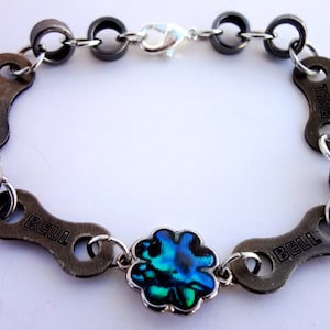 Abalone shell Recycled Bicycle chain link/roller bracelet, bicycle jewelry, women&#39;s cycling gifts, bike part jewelry