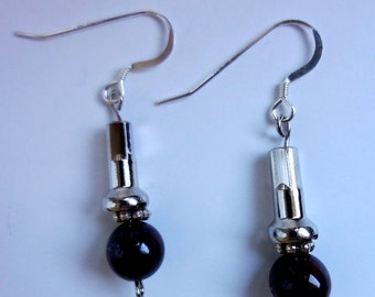 Brecciated Jasper Gemstone Recycled Bicycle Spoke Nipple Single Drop Earrings/Sterling Silver Earwires