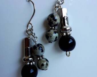 Onyx/Dalmation Jasper Gemstone Recycled Bicycle Spoke Nipple Double Drop Earrings/Sterling Silver Earwires