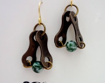 Tree Agate Gemstone recycled double chain link earrings