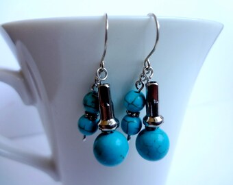 Turquoise Howlite Gemstone Recycled Bicycle Spoke Nipple Double Drop Earrings/Sterling Silver earwires