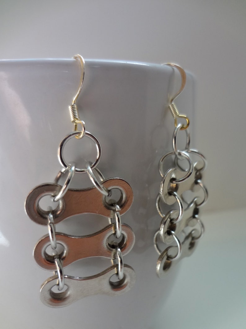 Recycled Triple Bicycle Chain Link Chandelier Earrings, Bicycle Jewelry