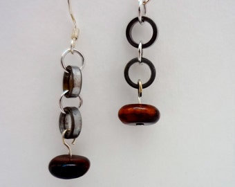 Red tiger's eye  gemstone recycled bicycle chain roller earrings, bicycle jewelry, dangle earrings, women's cycling gift, bike part jewelry