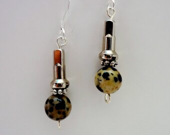 Dalmation Jasper Gemstone Recycled Bicycle Spoke Nipple Single Drop Earrings/Sterling Silver Earwires