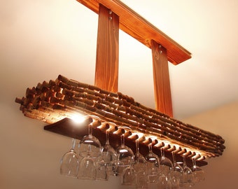 Recycled Wine Cork Island Light with Wine Glass Rack